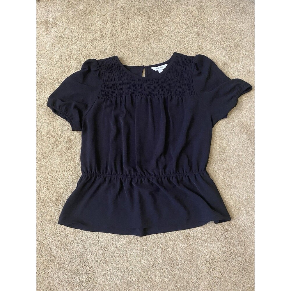 Nine West Black Blouse Shirred Detail at Yoke Puffed Sleeves Size L